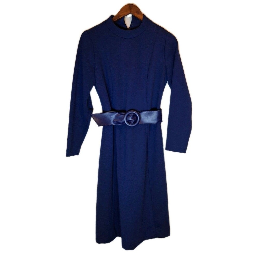 Vintage 1960s Betty Hartford Navy Blue Dress Belt A-line Long Sleeves No Size